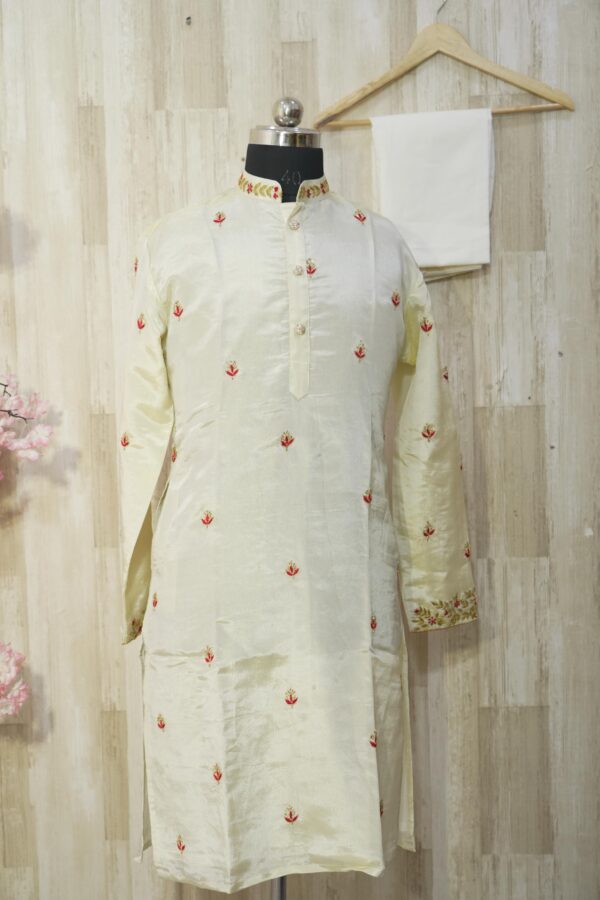 Elegant Cream Silk Kurta Set with Red Floral Embroidery