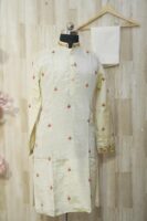 Elegant Cream Silk Kurta Set with Red Floral Embroidery