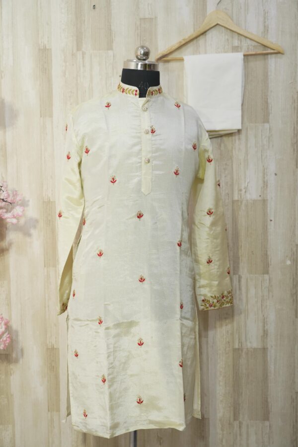 Elegant Cream Silk Kurta Set with Red Floral Embroidery
