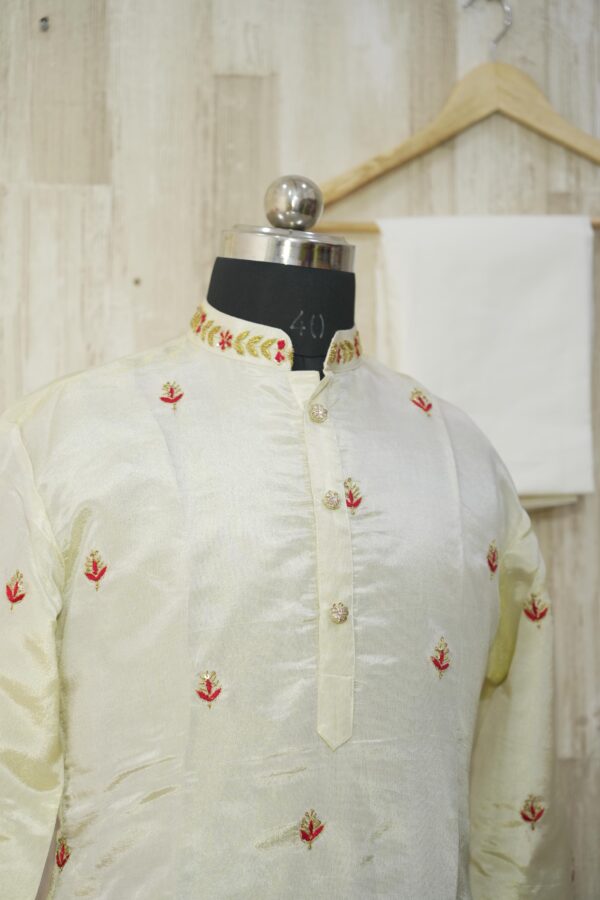 Elegant Cream Silk Kurta Set with Red Floral Embroidery