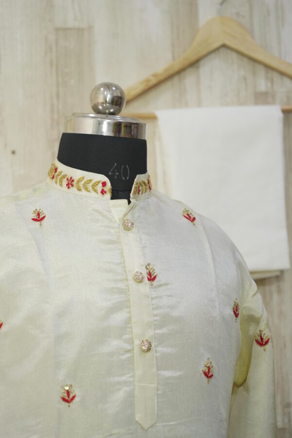 Elegant Cream Silk Kurta Set with Red Floral Embroidery