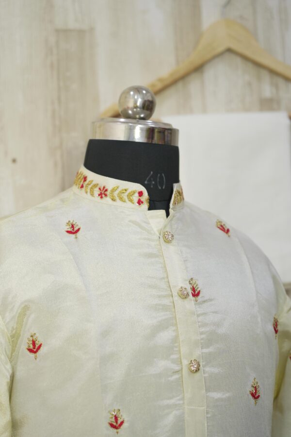 Elegant Cream Silk Kurta Set with Red Floral Embroidery