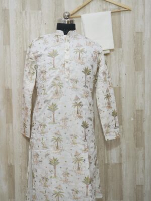 Ivory Printed Silk Kurta with Tropical Motifs
