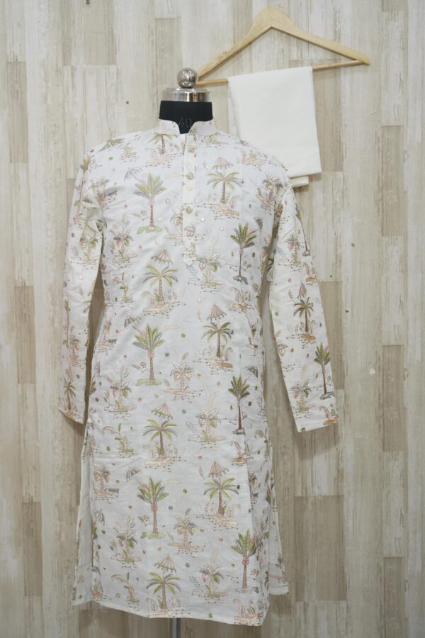 Ivory Printed Silk Kurta with Tropical Motifs