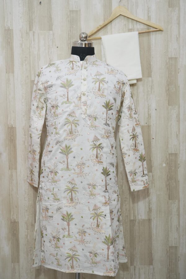 Ivory Printed Silk Kurta with Tropical Motifs