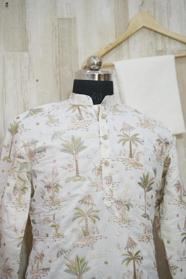 Ivory Printed Silk Kurta with Tropical Motifs