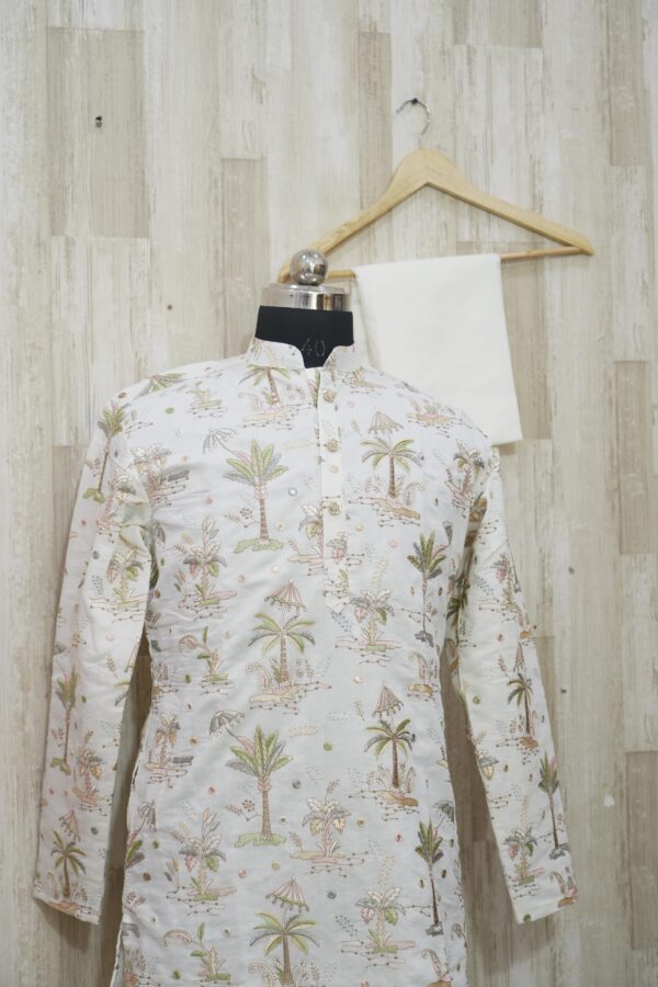 Ivory Printed Silk Kurta with Tropical Motifs
