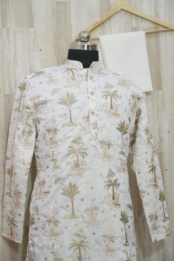 Ivory Printed Silk Kurta with Tropical Motifs