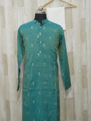 Teal Green Silk Kurta with Silver Motif Embroidery
