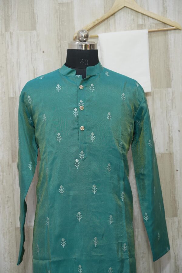 Teal Green Silk Kurta with Silver Motif Embroidery