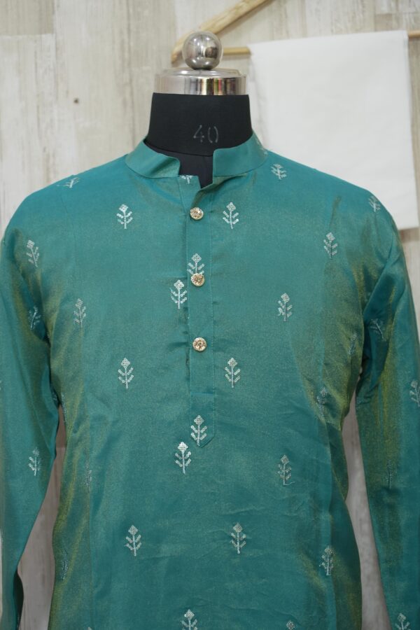 Teal Green Silk Kurta with Silver Motif Embroidery