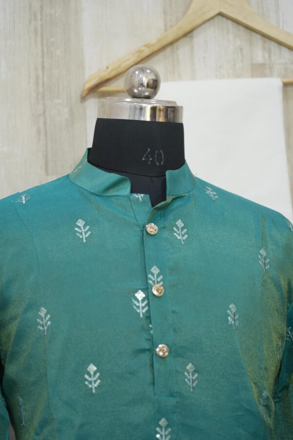 Teal Green Silk Kurta with Silver Motif Embroidery