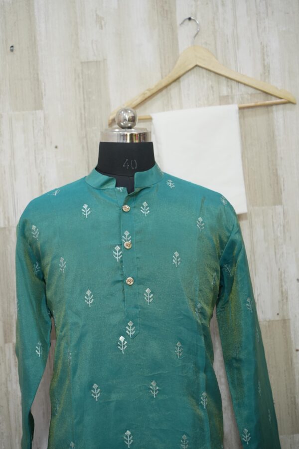 Teal Green Silk Kurta with Silver Motif Embroidery