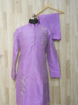 Lavender Silk Kurta with Subtle Floral Embroidery
