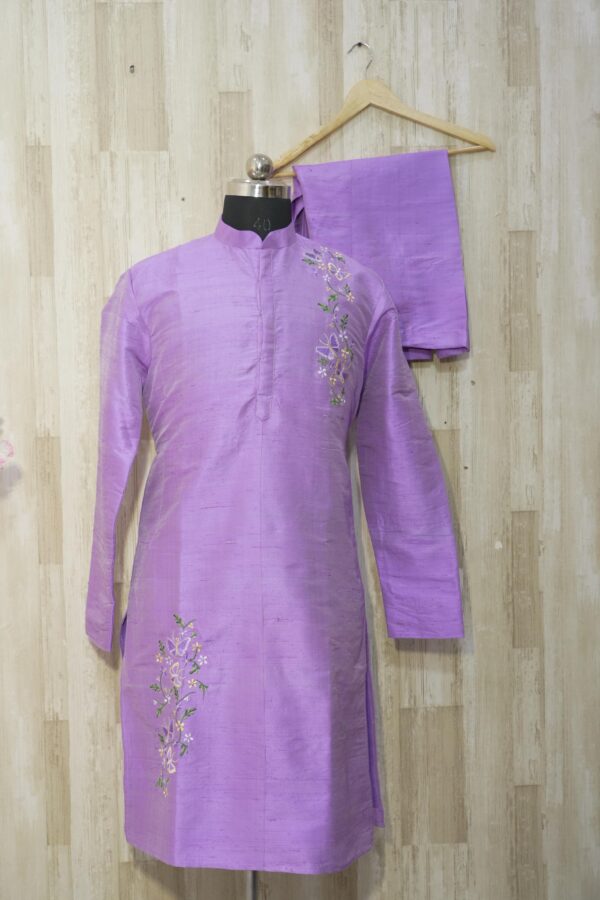 Lavender Silk Kurta with Subtle Floral Embroidery