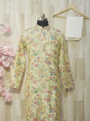 Pastel Yellow Silk Kurta with Multicolor Bird & Floral Embroidery