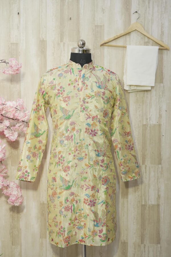 Pastel Yellow Silk Kurta with Multicolor Bird & Floral Embroidery