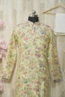 Pastel Yellow Silk Kurta with Multicolor Bird & Floral Embroidery