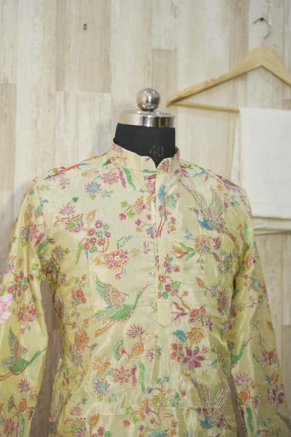 Pastel Yellow Silk Kurta with Multicolor Bird & Floral Embroidery