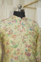 Pastel Yellow Silk Kurta with Multicolor Bird & Floral Embroidery