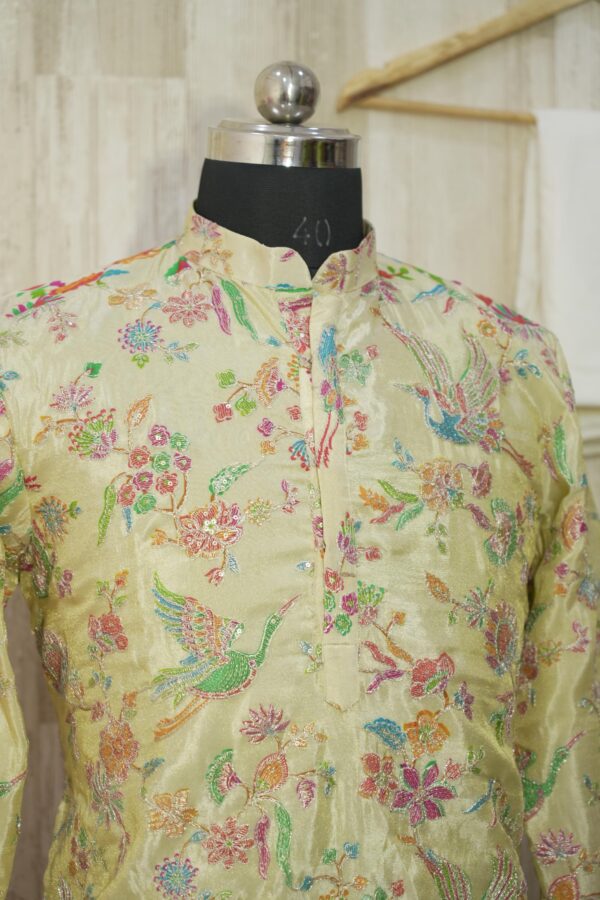 Pastel Yellow Silk Kurta with Multicolor Bird & Floral Embroidery