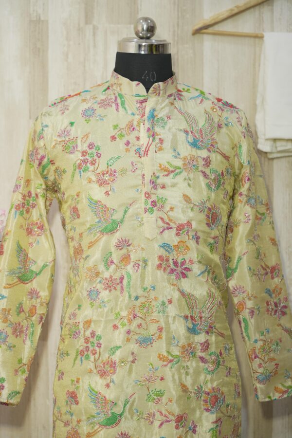 Pastel Yellow Silk Kurta with Multicolor Bird & Floral Embroidery