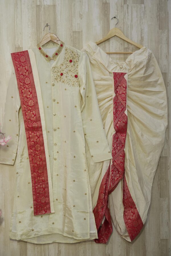 Pure tissue Ivory & Red Embroidered Sherwani Set with Kanduva and Dhoti