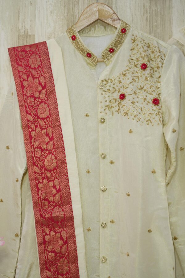 Pure tissue Ivory & Red Embroidered Sherwani Set with Kanduva and Dhoti