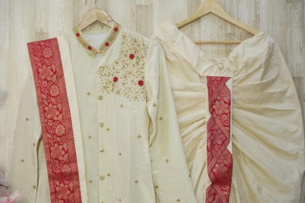 Pure tissue Ivory & Red Embroidered Sherwani Set with Kanduva and Dhoti