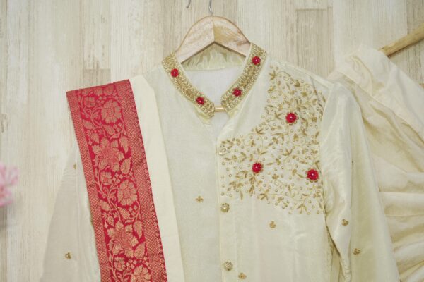 Pure tissue Ivory & Red Embroidered Sherwani Set with Kanduva and Dhoti
