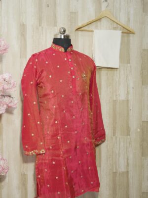 Elegant Red Silk Kurta with Golden Embroidery