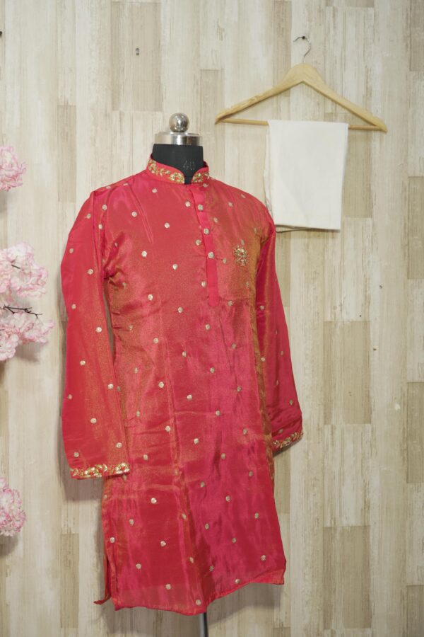Elegant Red Silk Kurta with Golden Embroidery