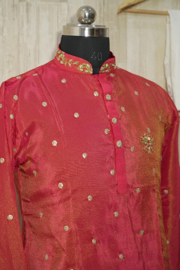 Elegant Red Silk Kurta with Golden Embroidery