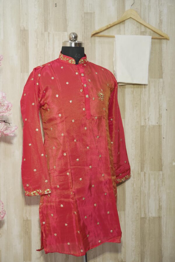Elegant Red Silk Kurta with Golden Embroidery