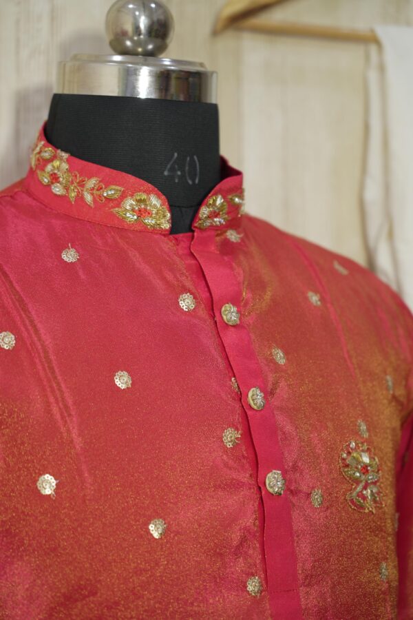 Elegant Red Silk Kurta with Golden Embroidery