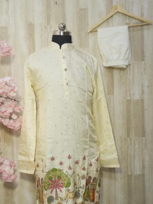 Ivory Silk Kurta with Handcrafted Village Scene Embroidery
