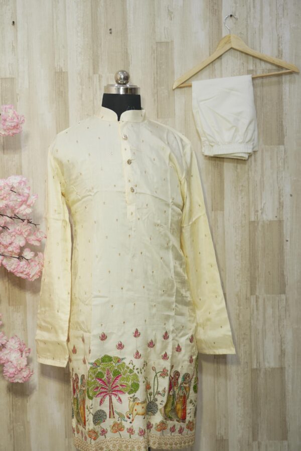 Ivory Silk Kurta with Handcrafted Village Scene Embroidery