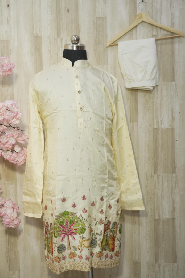 Ivory Silk Kurta with Handcrafted Village Scene Embroidery