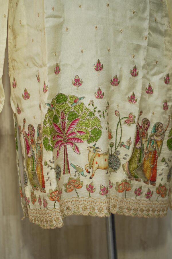 Ivory Silk Kurta with Handcrafted Village Scene Embroidery