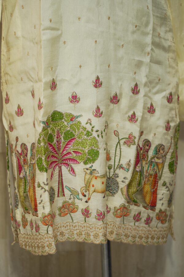 Ivory Silk Kurta with Handcrafted Village Scene Embroidery