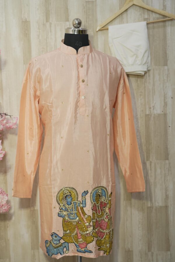 Peach Silk Kurta with Hand-Painted Mythological Artwork