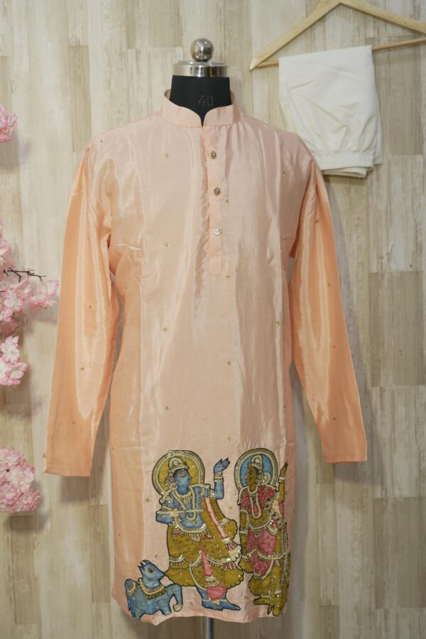 Peach Silk Kurta with Hand-Painted Mythological Artwork