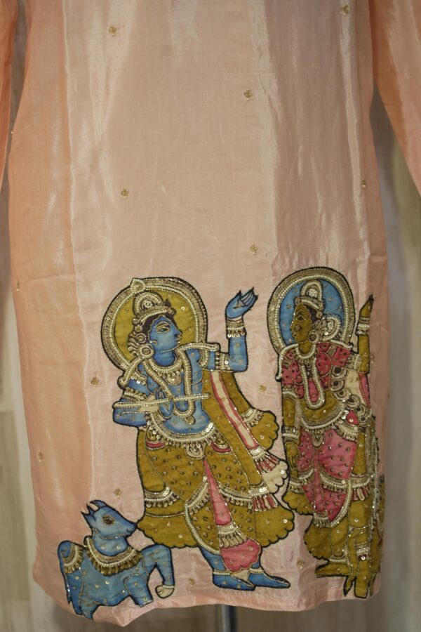 Peach Silk Kurta with Hand-Painted Mythological Artwork