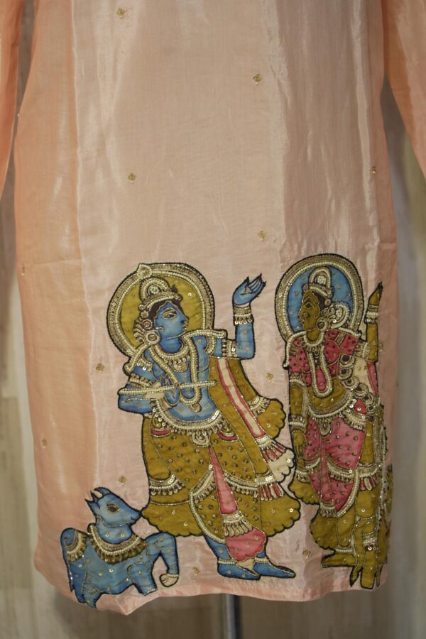 Peach Silk Kurta with Hand-Painted Mythological Artwork