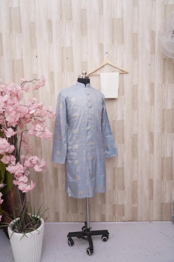 Powder Blue Jacquard Kurta with Subtle Golden Motifs
