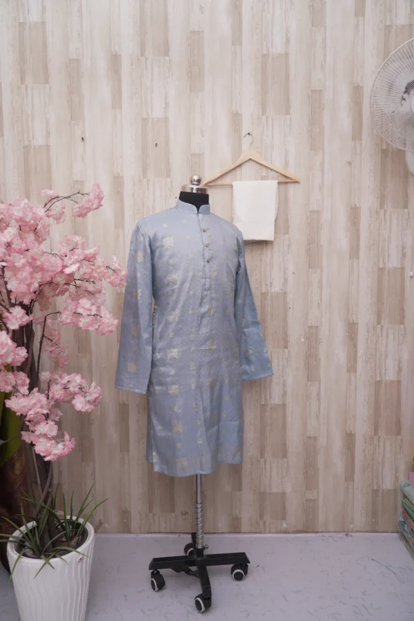 Powder Blue Jacquard Kurta with Subtle Golden Motifs