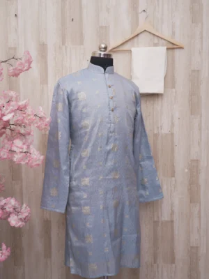 Powder Blue Jacquard Kurta with Subtle Golden Motifs