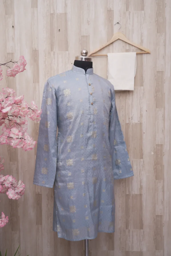 Powder Blue Jacquard Kurta with Subtle Golden Motifs