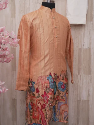 Peach Silk Kurta with Handcrafted Animal Motif Design