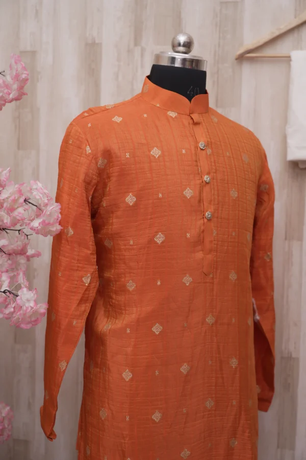 Rust Orange Textured Silk Kurta with Golden Motifs